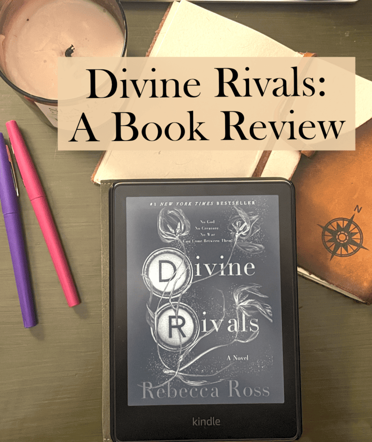Title is Divine Rivals: A Book Review with a flatlay of the book, notebook, and pens surrounding the book.