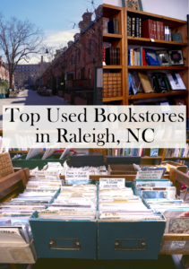 Postcards, book shelves, and entry to bookstore, with words reading "Top Used Bookstores in Raleigh, NC"